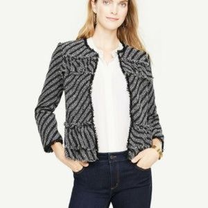 Ann Taylor Ruffle Tweed Diagonal Stripe Peplum Jacket Blazer Black/White 0